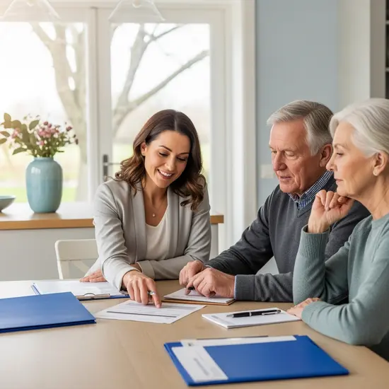 Freundliche Pflegeberaterin erklärt einem älteren Paar am Küchentisch Unterlagen zur Pflegeversicherung, helle Wohnung, beruhigende Atmosphäre.