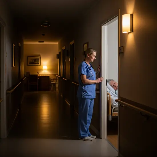 Nachtszene auf einem Pflegeflur, Pflegekraft schaut nach einem schlafenden Senior, sanftes Licht.