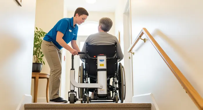 Mobile Treppensteighilfe wird an einem Rollstuhl auf einer Treppe angesetzt, Betreuer hilft, Innenraum eines Mehrfamilienhauses.