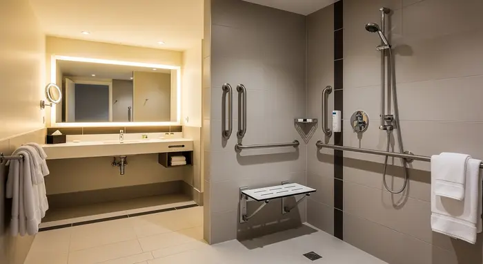 Modernes, barrierefreies Badezimmer mit bodengleicher Dusche, Haltegriffen und Duschsitz, freundliche Beleuchtung.