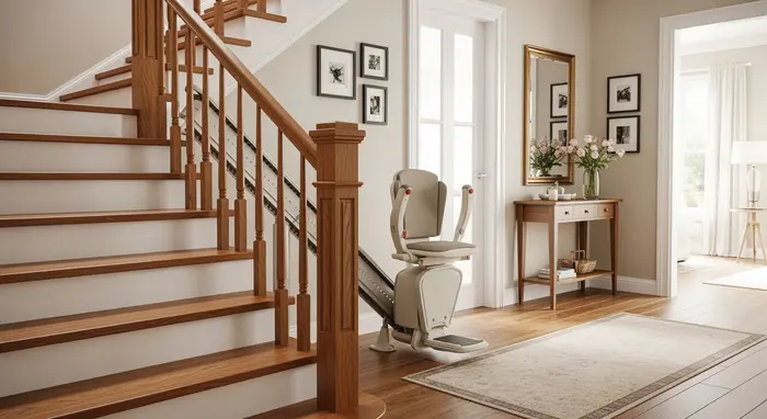 Treppenlift an einer Holztreppe in einem Einfamilienhaus, aufgeräumter Flur.