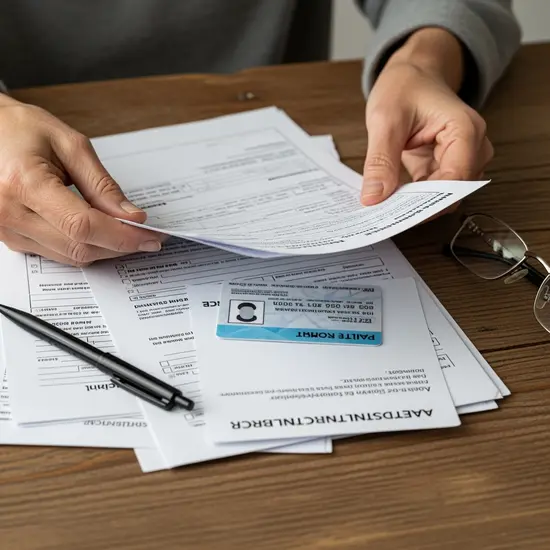 Nahaufnahme von Händen, die Pflegepapiere und einen Ausweis auf einem Holztisch sortieren, Stift und Brille daneben.
