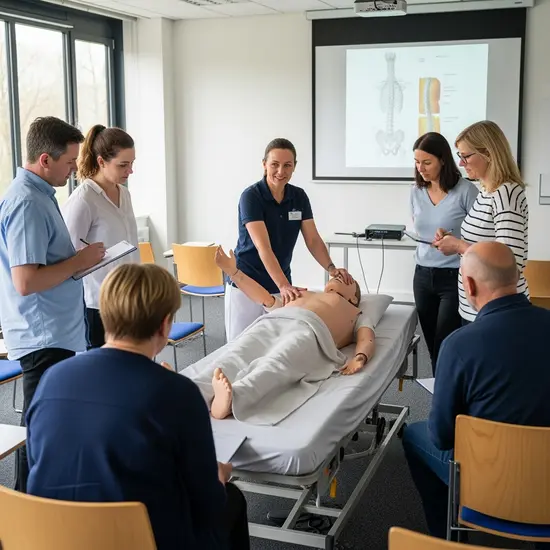 Pflegekurs in einem Seminarraum: Pflegefachkraft zeigt Angehörigen rückenschonende Hebetechniken an einer Pflegepuppe.