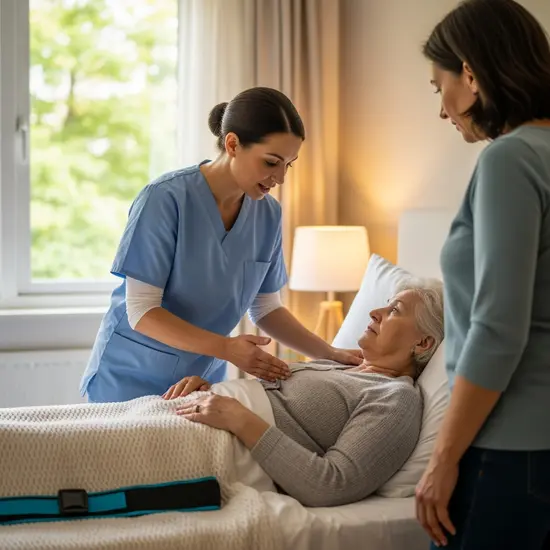 Pflegekraft demonstriert einer Tochter bei der Mutter zu Hause das sichere Umlagern im Bett.
