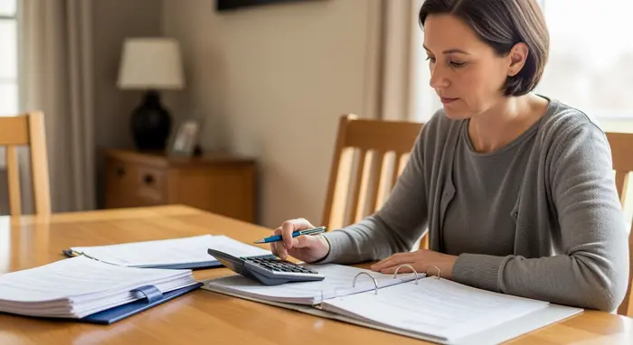 Pflegende Angehörige prüft mit einem Taschenrechner und Unterlagen die finanzielle Absicherung am Esstisch, ruhige Szene.