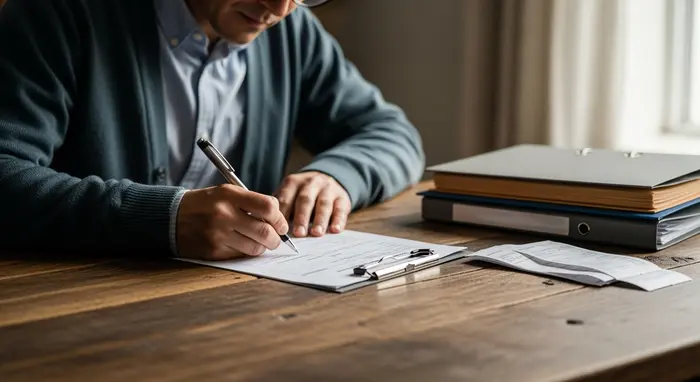Erwachsene Person füllt sorgfältig ein Formular mit Stift am Holztisch aus, Ordner und Belege daneben.