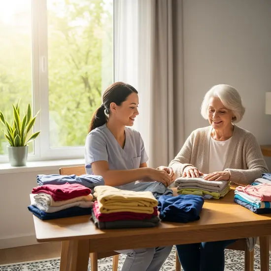 Haushaltshilfe unterstützt Seniorin beim Wäschefalten in einer hellen Wohnung, entspannte Stimmung.