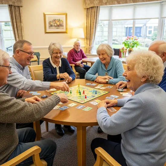 Ältere Menschen sitzen lachend in einer Tagespflege-Gruppe an einem runden Tisch, spielen ein Brettspiel.