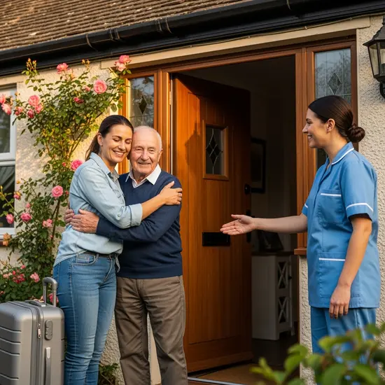 Pflegende Tochter mit Reisekoffer verabschiedet sich lächelnd von ihrem Vater, eine Ersatzpflegekraft begrüßt ihn an der Haustür.