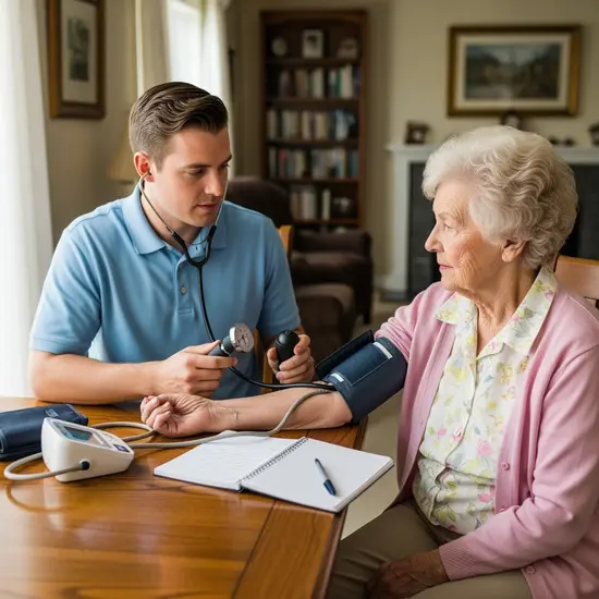 Ambulanter Pfleger misst Blutdruck bei Seniorin am Esstisch, medizinische Manschette und Notizblock sichtbar.