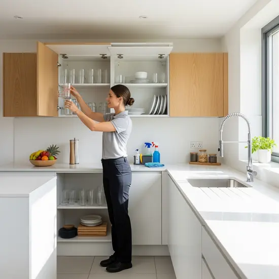 Haushaltshilfe räumt Küche auf, offene Schranktür, sauberes, helles Umfeld.