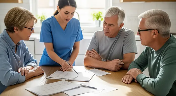 Pflegedienstmitarbeiter und Angehörige besprechen gemeinsam einen Wochenplan am Küchentisch, Kalenderblätter und Stift sichtbar.