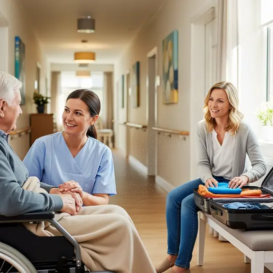 Pflegekraft übernimmt kurzzeitig die Betreuung, Angehörige packt Reisetasche, entspannte Stimmung im Flur.