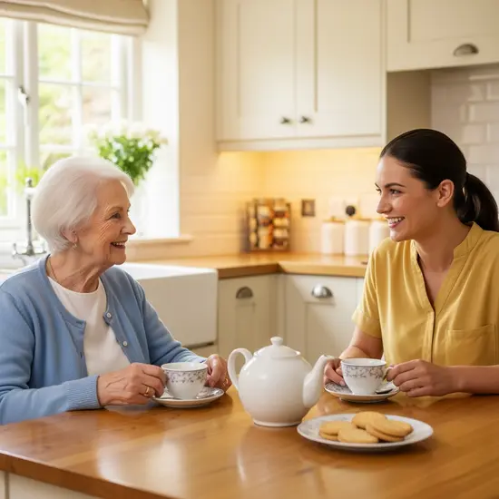 Senior sitzt mit Ersatzpflegeperson beim Tee, beide lächeln, ruhige Wohnküche.