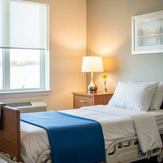 Helles Pflegezimmer in einer Einrichtung, frisch bezogenes Pflegebett, Nachttisch mit Lampe, freundlicher Eindruck.