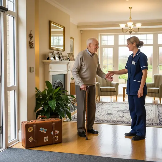 Senior wird von Pflegekraft im Heim begrüßt, Gepäckkoffer neben dem Eingang, einladendes Foyer.