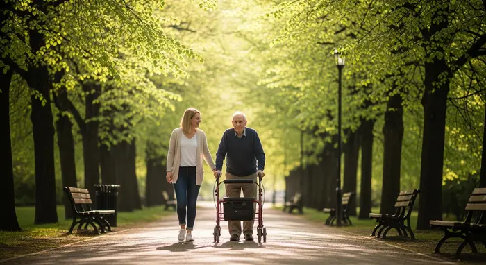Alltagsbegleiter spaziert mit Senior im Park, sonniger Tag, entspannte Stimmung, Gehhilfe wird geschoben.