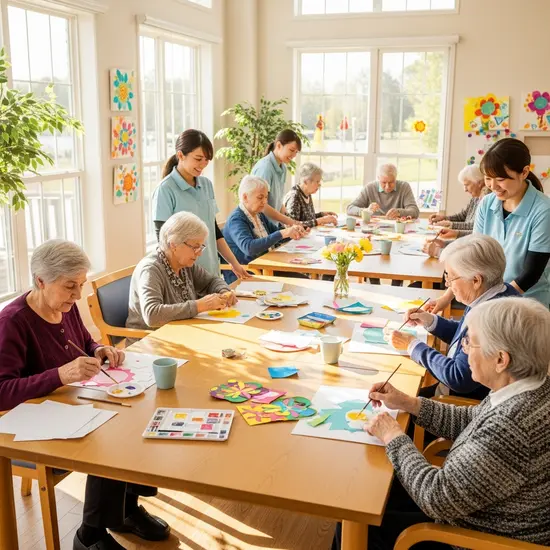 Tagespflegeeinrichtung mit Senioren beim gemeinsamen Basteln an großen Tischen, freundliche Betreuungspersonen, helle Räume.