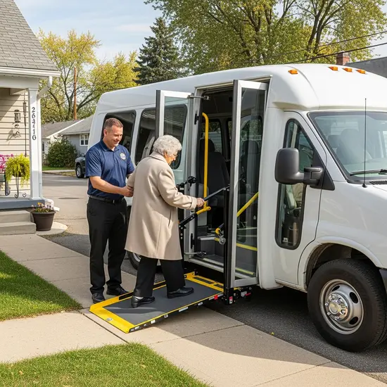 Kleinbus holt Seniorin Zuhause ab, Fahrer hilft beim Einsteigen, barrierefreie Rampe sichtbar.