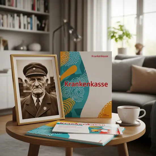 Historisches und modernes Motiv kombiniert: ältere Eisenbahner-Fotografie auf Beistelltisch neben zeitgenössischer Szene mit Krankenkassenmappe, gemütliches Wohnzimmer.