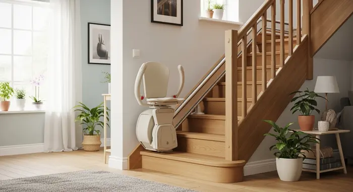 Treppenlift an einer Holztreppe im Einfamilienhaus, Sitzfläche hochgeklappt, freundliche Wohnumgebung.