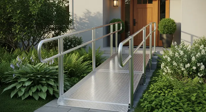 Rollstuhlrampe am Hauseingang, stabile Metallkonstruktion, Außenbereich mit Pflanzen.