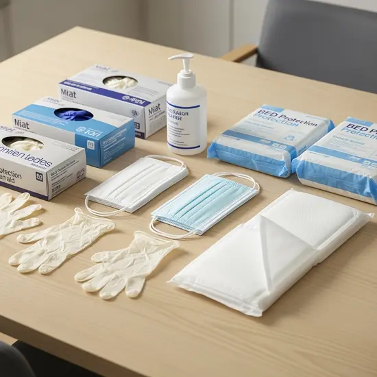 Pflegehilfsmittel auf einem Tisch: Einmalhandschuhe, Desinfektionsmittel, Mund-Nasen-Schutz, Bettschutzeinlagen, sauber arrangiert.