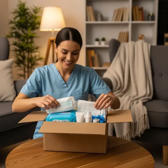 Pflegende Person öffnet Paket mit Pflegehilfsmitteln, lächelnd, gemütliche Wohnung.