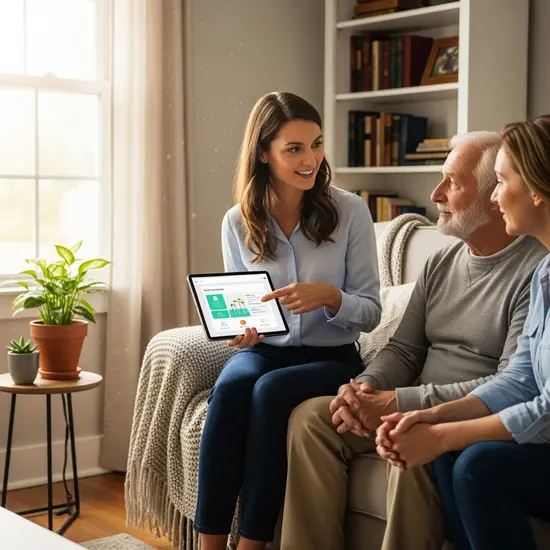 Pflegeberaterin erklärt am Tablet die nächsten Schritte, Senior und Angehörige hören zu, gemütliches Wohnzimmer.