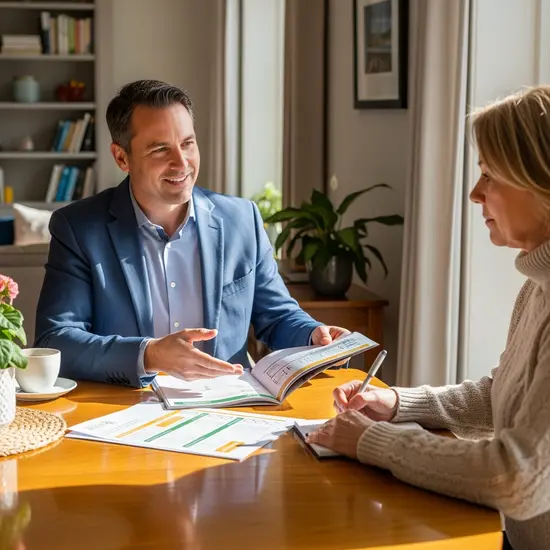 Beratung zu Hause: Berater zeigt Broschüren und Checklisten, ruhige, unterstützende Atmosphäre.