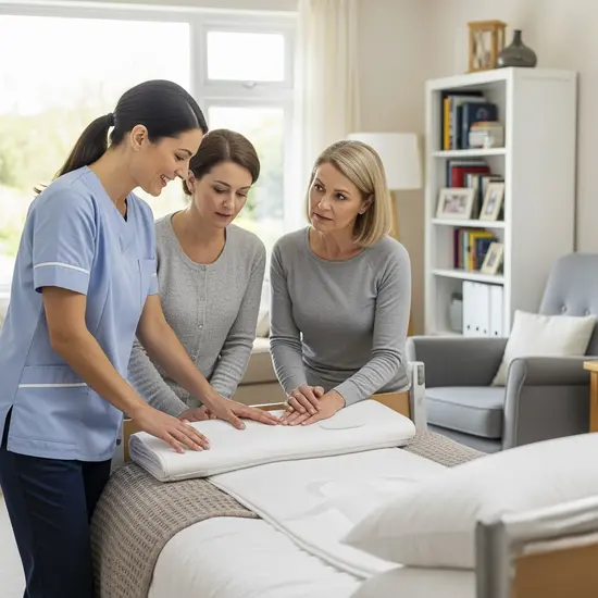 Pflegefachkraft zeigt Angehöriger rückenfreundliches Umlagern im Wohnzimmer, Einsatz eines Gleitlakens.