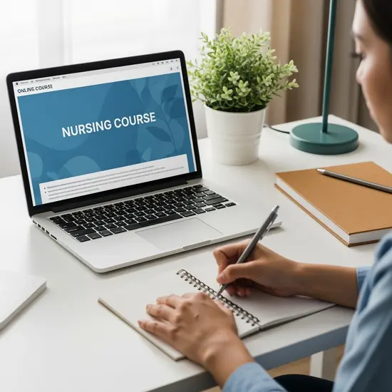 Online-Pflegekurs auf Laptop, Teilnehmerin macht Notizen, ruhiger Arbeitsplatz mit Pflanze.