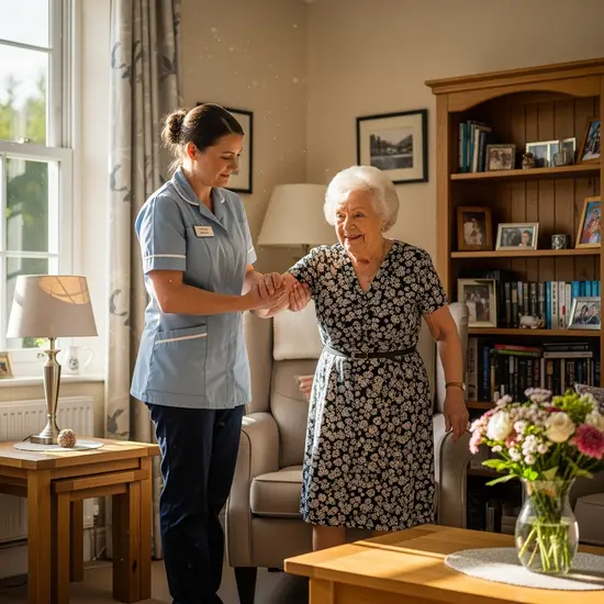 Pflegefachkraft unterstützt Seniorin beim Aufstehen aus dem Sessel in einem hellen Wohnzimmer, sanfte Gestik, freundliche Atmosphäre.