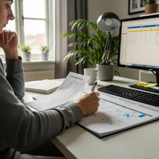 Angehörige sitzt mit Lohnabrechnung und Kalender am Tisch, plant Arbeitszeitreduktion, ruhiges Heimbüro.