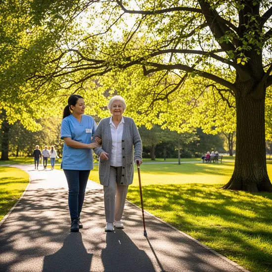 Pflegende Person begleitet Seniorin vorsichtig beim Spaziergang, sonniger Parkweg.