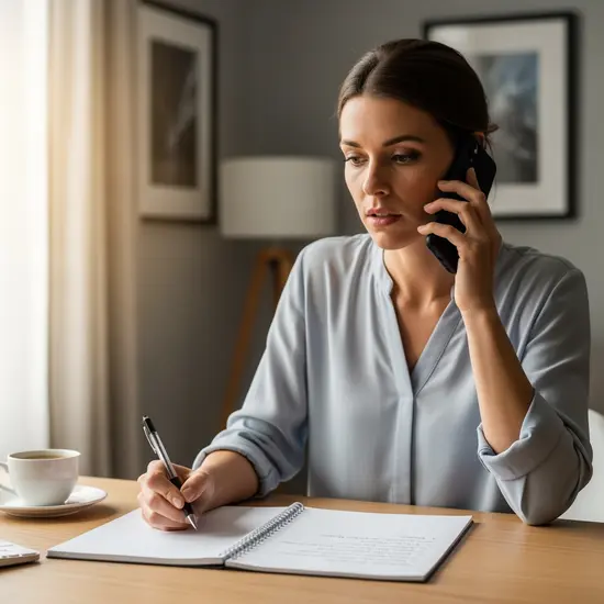 Frau telefoniert mit Servicecenter, Notizblock und Stift bereit, ruhiger Arbeitsplatz zu Hause.