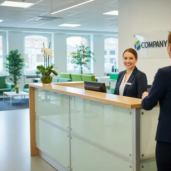Moderne Empfangstheke in einer Geschäftsstelle, lächelnde Mitarbeiterin begrüßt Besucher.