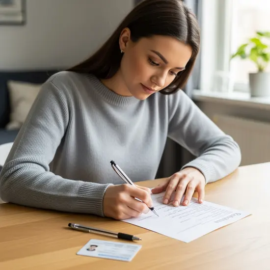 Frau füllt zu Hause sorgfältig ein Formular aus, Ausweis und Kugelschreiber daneben, ruhiger Tisch.