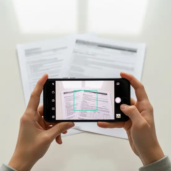 Dokumente werden mit der Smartphone-Kamera eingescannt, helle Arbeitsfläche.