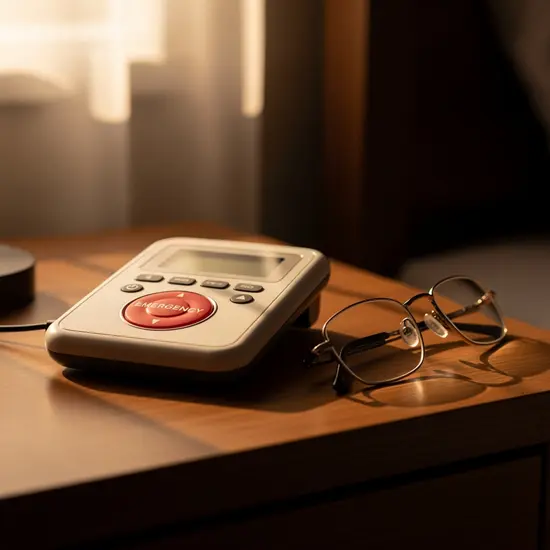 Hausnotrufgerät mit roter Notfalltaste liegt auf einem Nachttisch neben einer Lesebrille, warmes Abendlicht.