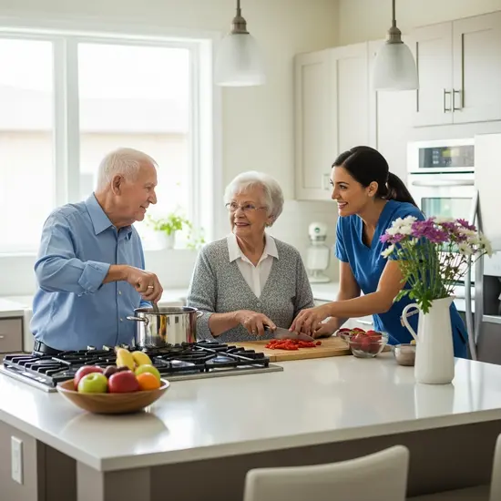 Kleine Wohngruppe: zwei Senioren kochen gemeinsam mit Präsenzkraft in einer offenen Küche, freundliche Stimmung.