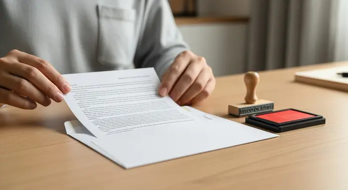 Dokument mit Widerspruchsschreiben wird in einen Briefumschlag gesteckt, ruhiger Schreibtisch, Stempel daneben.