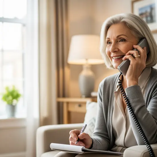 Seniorin lächelt am Telefon, Notizblock bereit, helles Wohnzimmer, Vertrauen und Sicherheit.