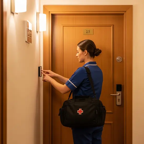 Ambulanter Pflegedienst klingelt an Wohnungstür, Pflegetasche in der Hand, Mehrfamilienhausflur mit warmem Licht.