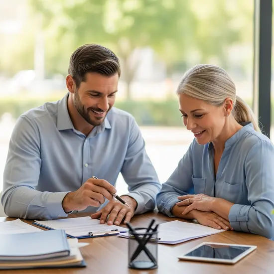 Pflegeberater und Angehörige schauen gemeinsam optimistisch in Unterlagen, freundlicher Austausch am Tisch.