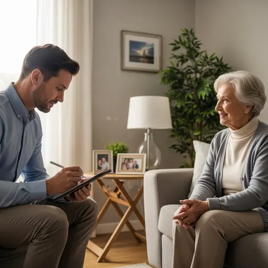 Pflegegutachter besucht Seniorin zu Hause, Tablet in der Hand, macht Notizen, ruhige Wohnzimmerumgebung.
