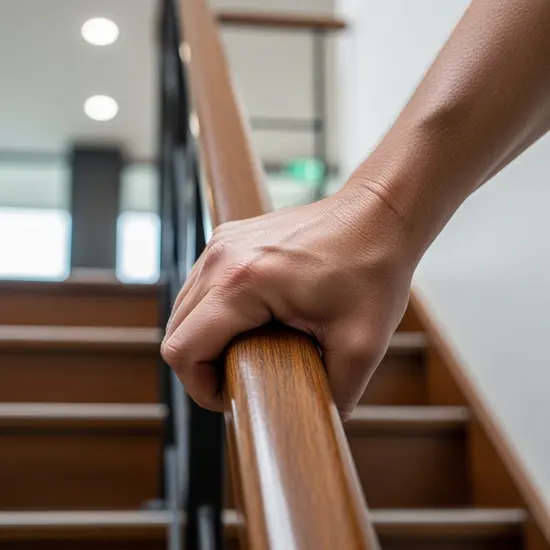 Nahaufnahme einer Hand, die eine Treppe mit Geländer hinaufgeht, Symbol für Mobilität im Begutachtungsmodul.