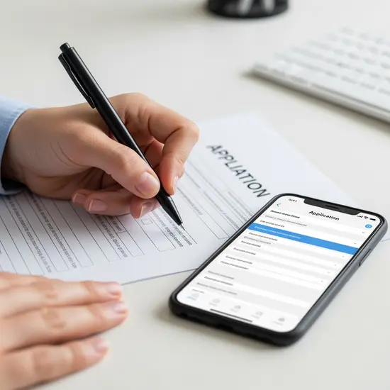 Nahaufnahme einer Hand, die einen Antrag ausfüllt, daneben Smartphone mit geöffneter App, aufgeräumter Schreibtisch.