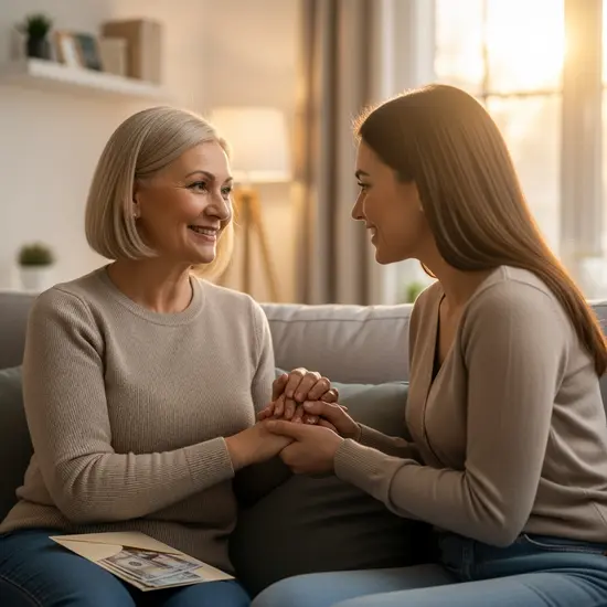 Pflegende Tochter erhält Dankeschön von ihrer Mutter, beide sitzen auf Sofa, Umschlag mit Geldscheinen dezent sichtbar.