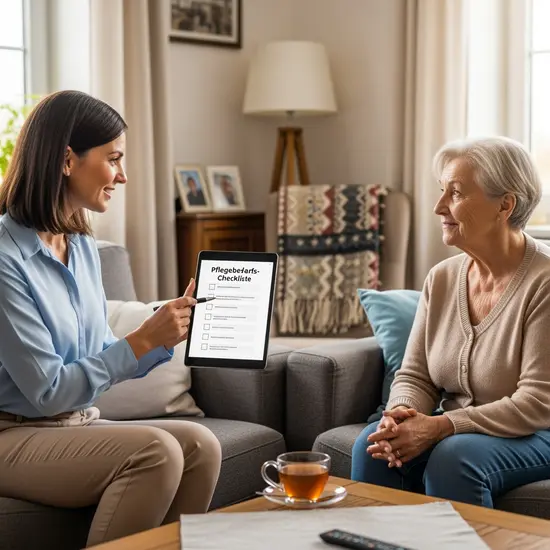 Pflegeberaterin führt Beratungsbesuch zu Hause durch, zeigt Checkliste, familiäres Umfeld.
